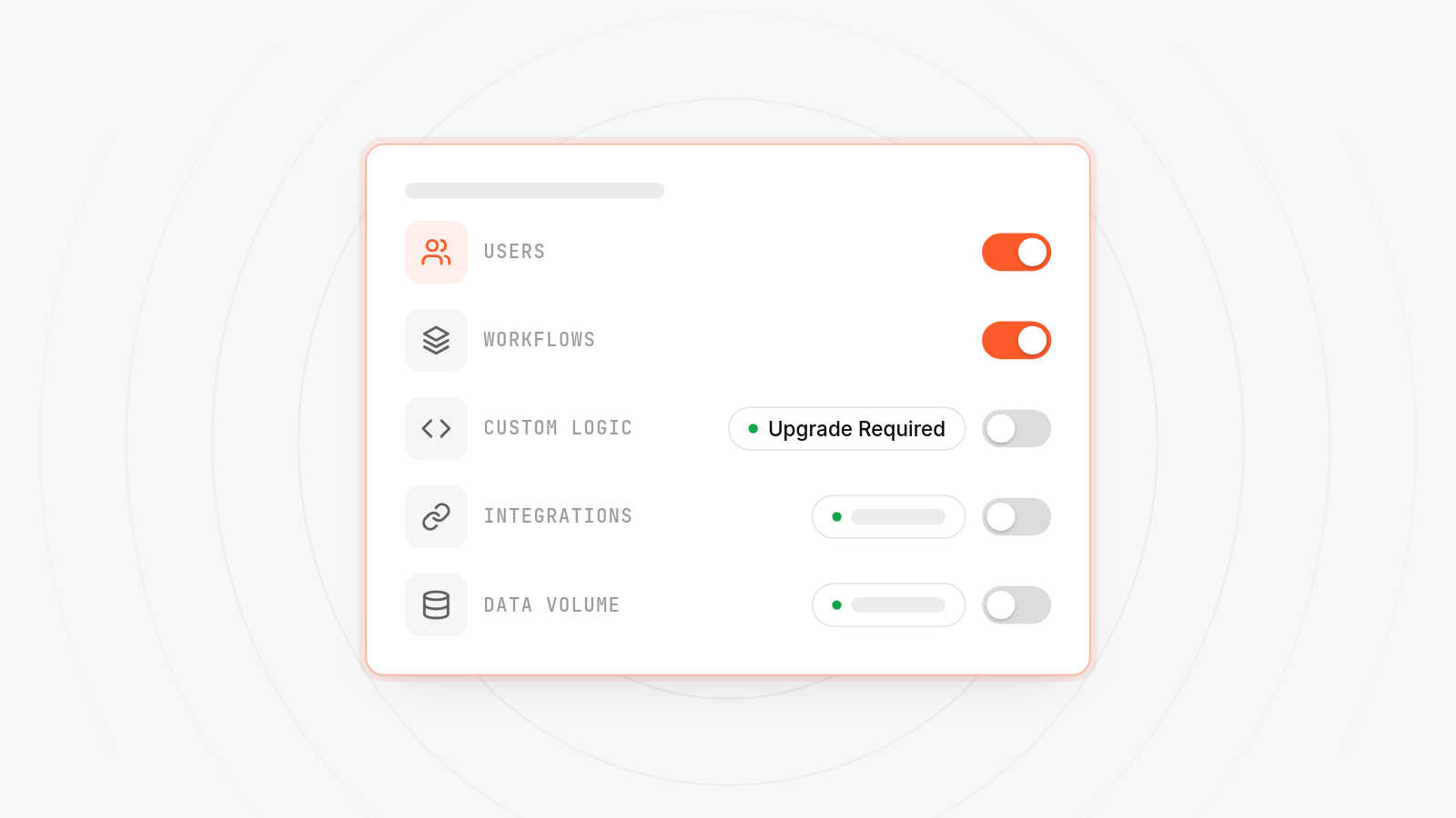 Settings panel with Users and Workflows toggled on, while Custom Logic, Integrations and Data Volume are greyed out.