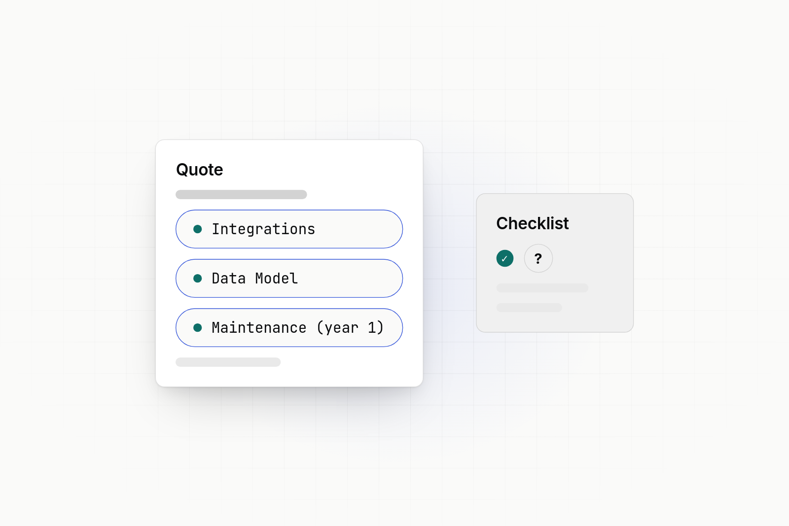 A quote document highlights Integrations, Data Model, and Year 1 Maintenance beside a checklist icon with a check.