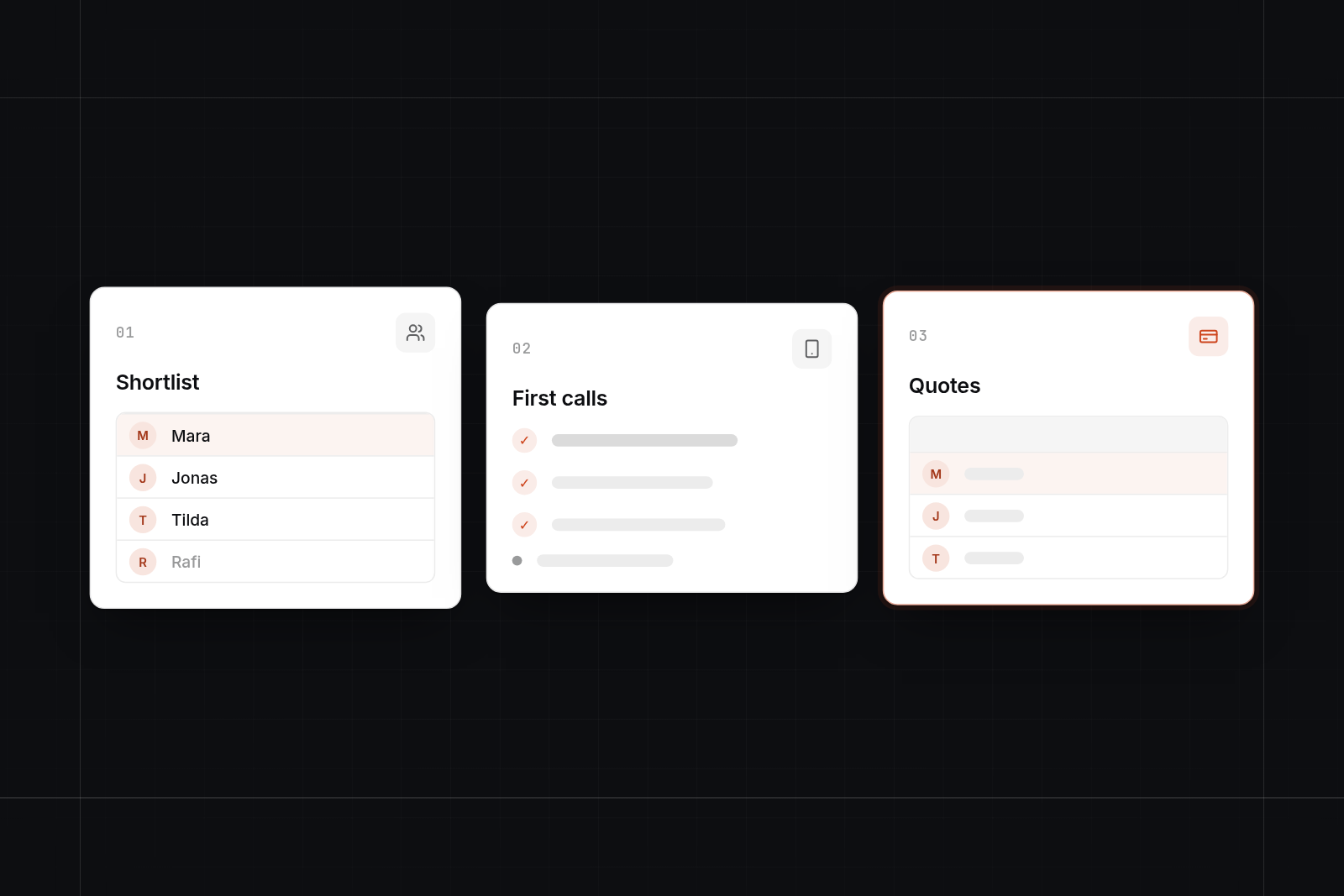 Three steps from left to right: a four-row shortlist, a ticked checklist for first calls, and a table of three quotes.