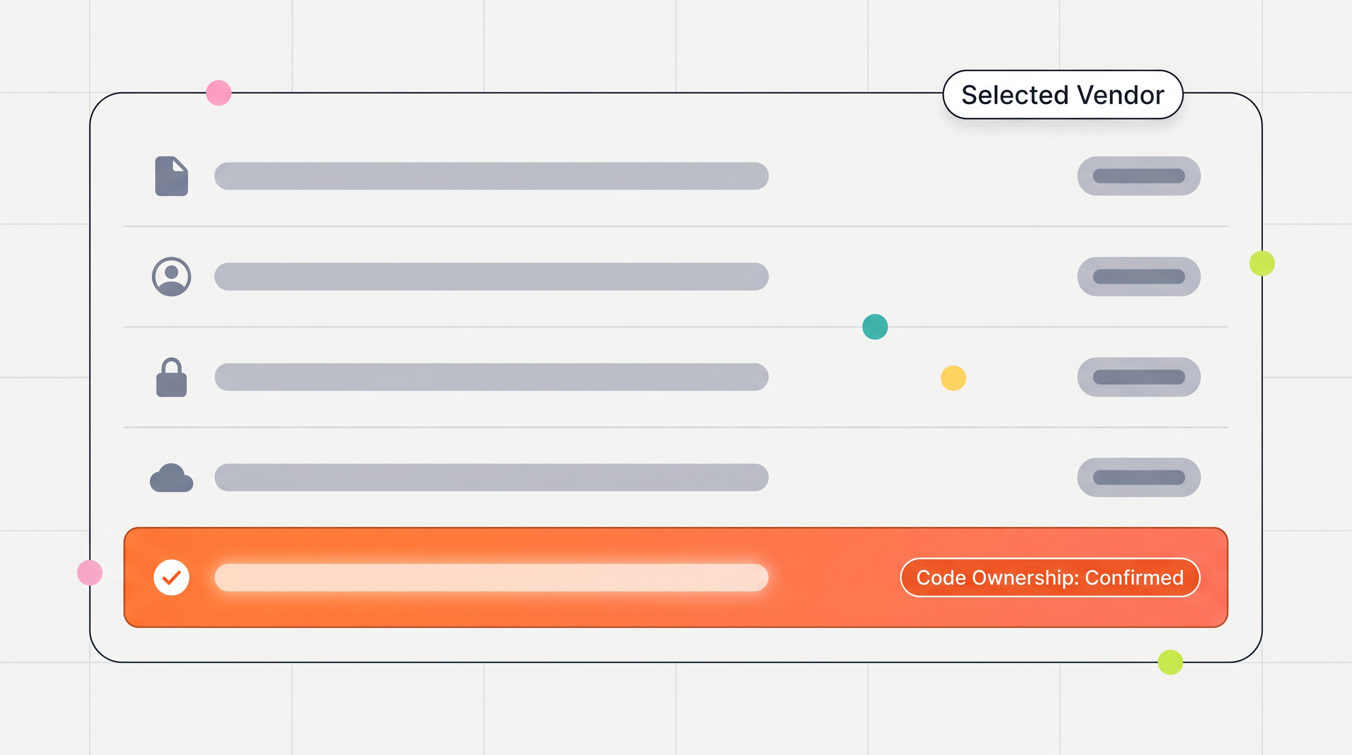 A vendor shortlist shows four rows greyed out and one highlighted with a "Code Ownership: Confirmed" chip beside it.