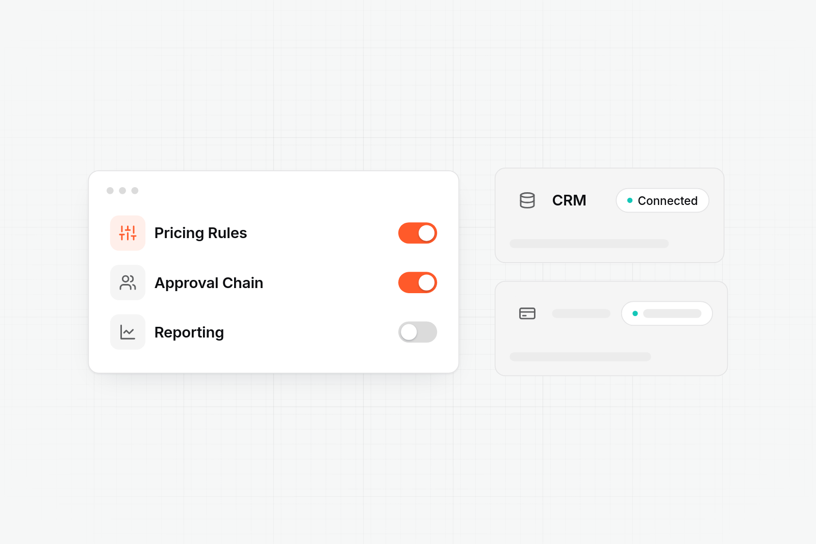 A settings panel with Pricing Rules, Approval Chain, and Reporting toggles sits linked to small CRM and accounting tool.