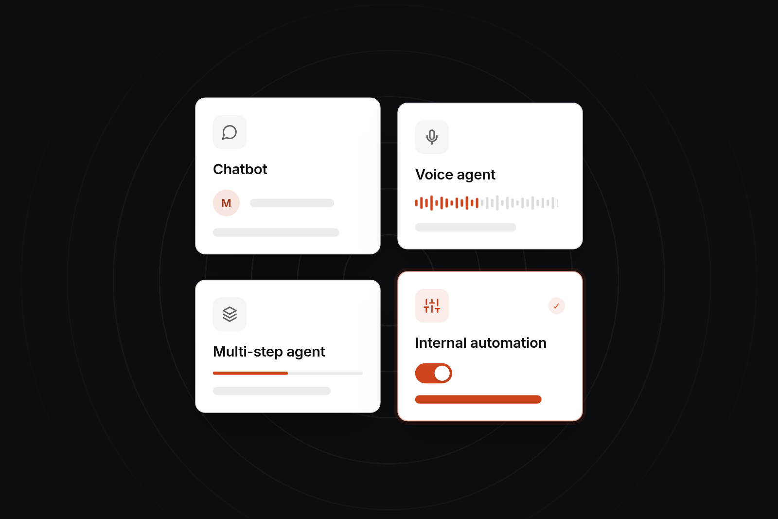 Four AI tool cards read Chatbot, Voice agent, Multi-step agent and Internal automation, with the last one ticked.